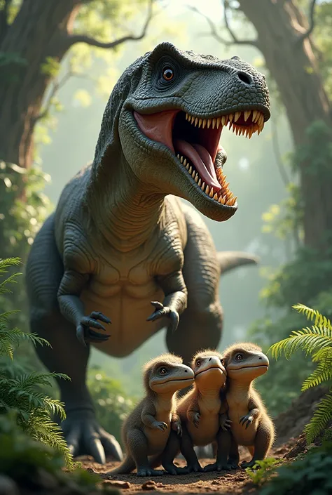 T-rex dinosaurs with his 3 baby