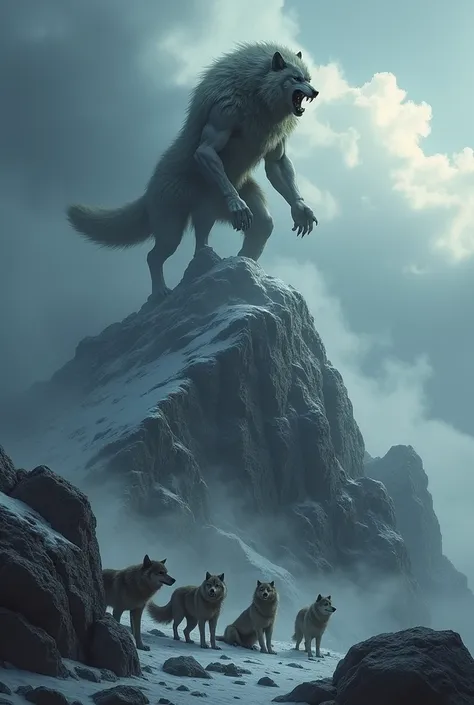 A wolf man roaring on the top of the mountain and the other wokf see him and bow down to him in the cloudy weather