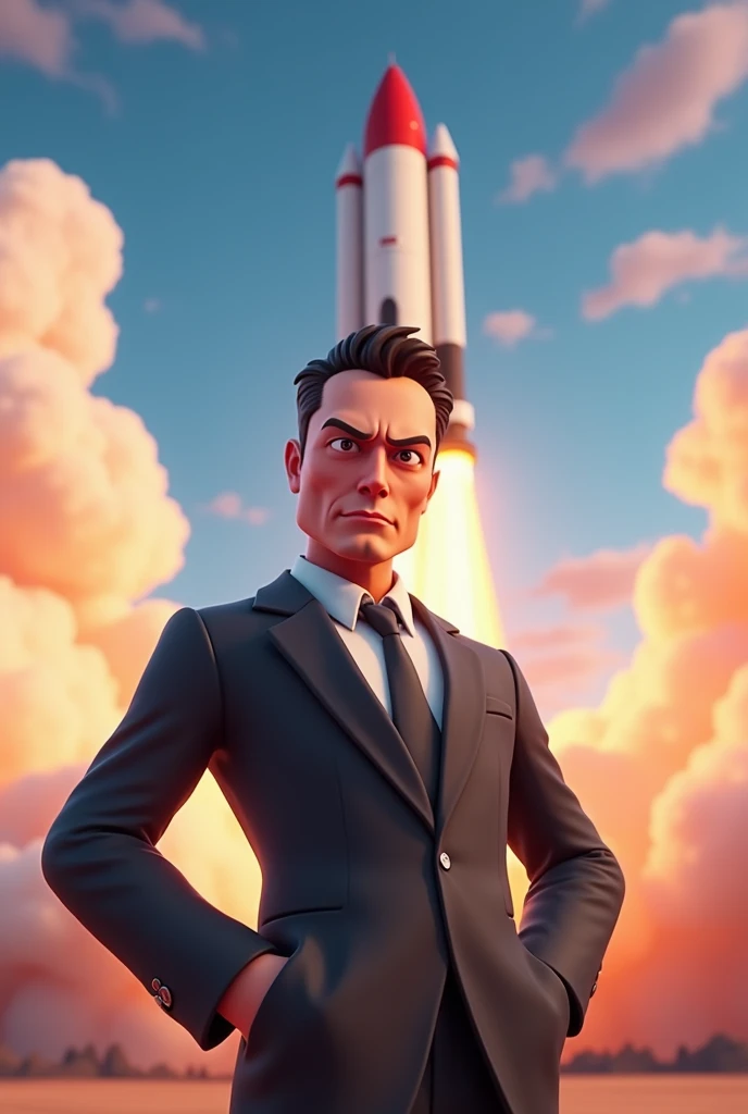 https://m.timesofindia.com/photo/96793431/96793431.jpg A cartoon character in fortnite style, similar to Elon Musk from the waist up, in a suit, looking badass, neutral face, 3d render style, slightly anamorphic, in front of launching rocket, looking into ...