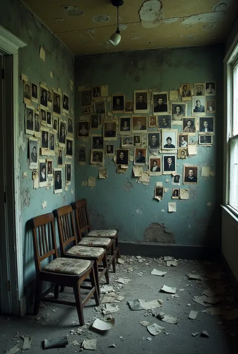 Inside the dilapidated house, walls covered with old, faded photographs (representing the missing students).