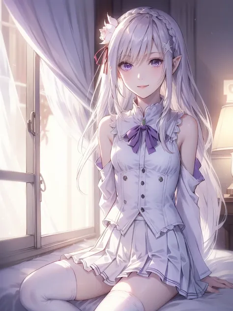 score_9, score_8_up, score_7_up, source_anime, emilia, braid, crown braid, flower, hair flower, hair ornament, hair ribbon, long hair, pointy ears, purple eyes, white hair, x hair ornament,, detached collar, detached sleeves, frilled sleeves, frills, long ...