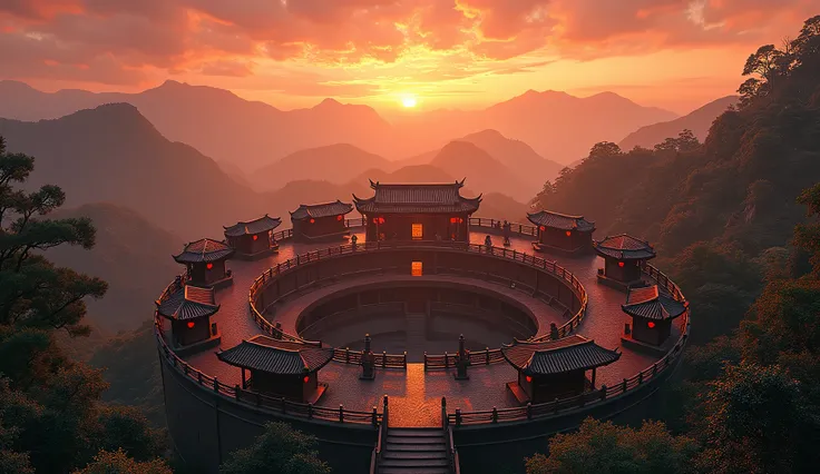 **Traditional Chinese Tulou and spectacular sky* *This fascinating image shows a traditional Chinese earthen building，An ancient earthen building。The building is circular，There are multiple layers，Decorated with red lanterns and intricately designed wooden...