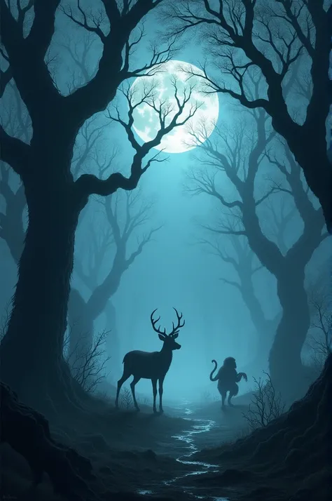 A misty, moonlit forest where shadows of animals like a deer and a monkey can be seen fading into the mist, leaving the forest eerily quiet. The surrounding trees have twisted, claw-like branches, making the scene feel foreboding and mysterious.