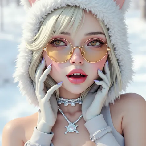 A stunning doll like face close-up of a blonde woman, gothic fashion, with bright red eyes, moist pink lips, smooth skin, fangs, long eyelashes, long fingernails,  wearing a fluffy animal ear hood, wearing beautiful necklace, wearing yellow tinted glasses,...