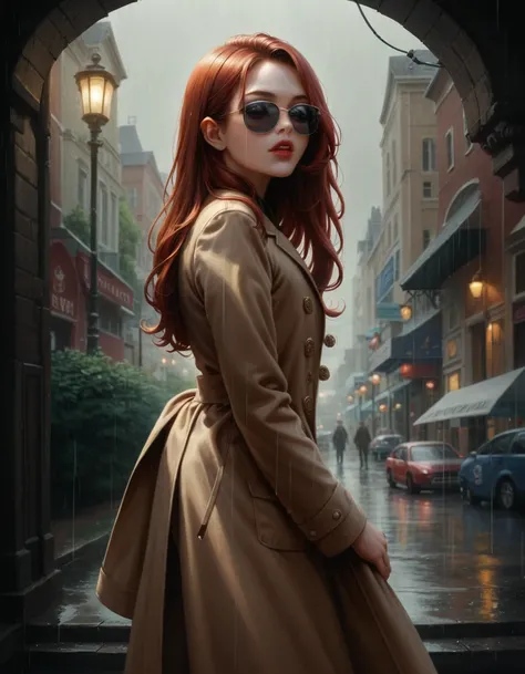 Masterpiece, top quality, illustration, {beautiful detail girl}, beautiful glow in detail, crossdressing beauty, (black jacket and trench coat), sunglasses, laughter, fangs removed, vampire, indigo eyes, rainy street corner, rain, detailed lighting, detail...