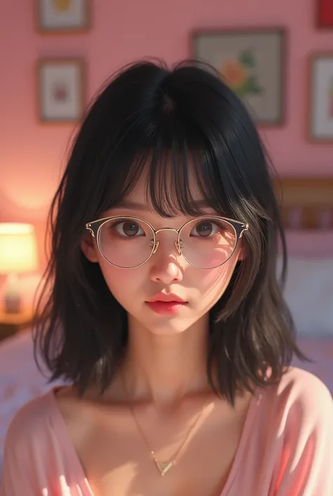 Selfie of an asian girl with eye glasses, the background is a light pink bedroom. The hair is straight and black. Straight hair. Realistic