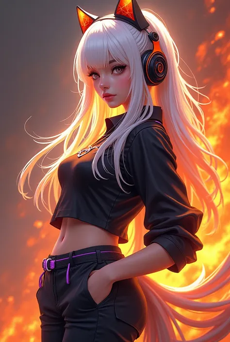 Female gamer character, white hair with orange. Pet phoenix. Black blouse with lilac detail, black pants, white sneakers. Cat Ear Headphones. fire background. Face profile picture.