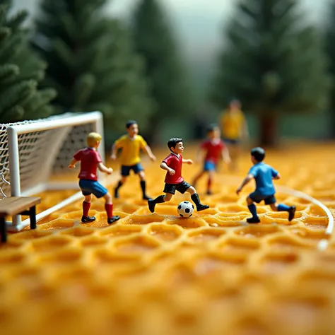 Miniature Photography, capturing texture, Isometric, depicting a miniature soccer game on a honeycomb surface. The honeycomb structure is rendered with realistic textures, showing the hexagonal cells and varying shades of golden brown. The soccer field is ...