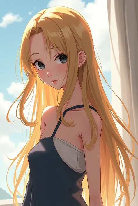 Make a 1 girl , long blonde hair, black eyes, 1,75 tall, Anime form