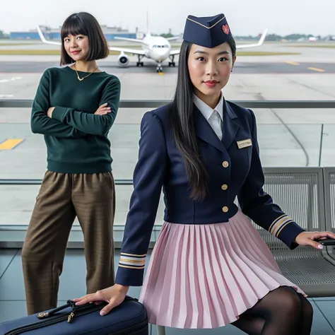 a 20yo beautiful japanese woman with long black hair, detailed facial features, wearing a dark blue flight attendant uniform with a pink pleated mini skirt, sitting on a bench holding a suitcase, and a 13yo Saudi Arabian woman with short bob haircut, weari...