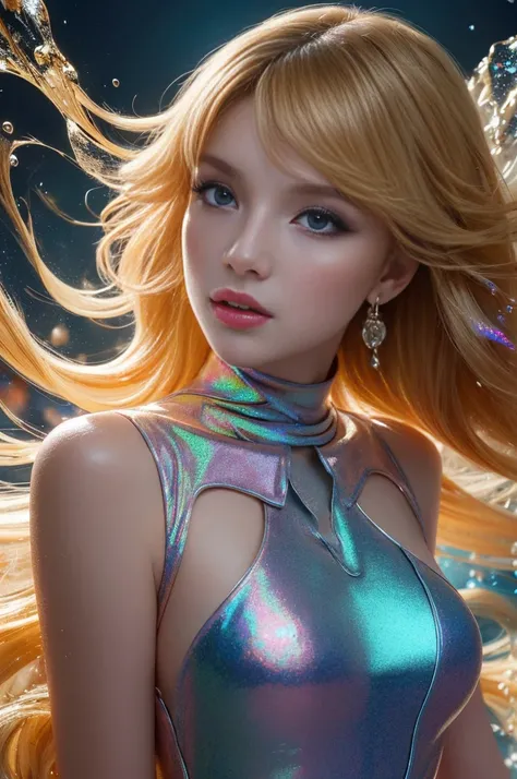 Beautiful blonde woman, with wax dress melting and dripping down the body (masterpiece: 1.2), (best quality), 4k, ultra-detailed, (dynamic composition: 1.4), highly detailed, colorful details, (iridescent colors: 1.2), (bright lighting, atmospheric lightin...