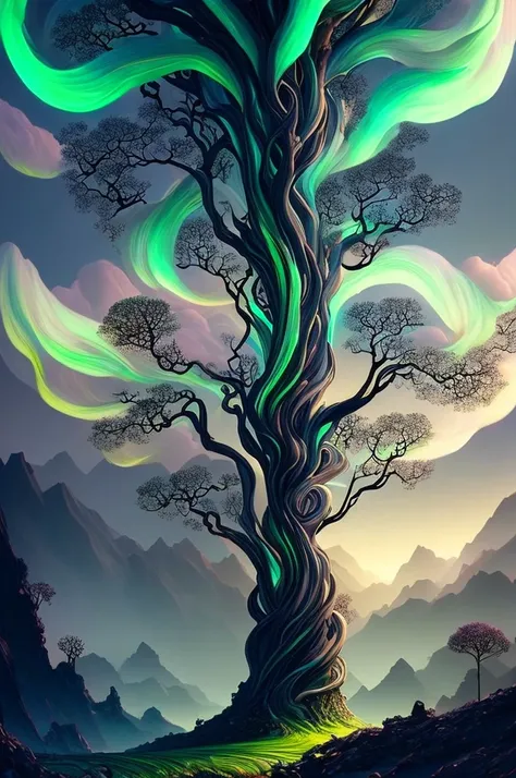 create a surrealistic, fantasy tree with exaggerated, flowing branches that extend into the sky, blending with clouds or stars. ...