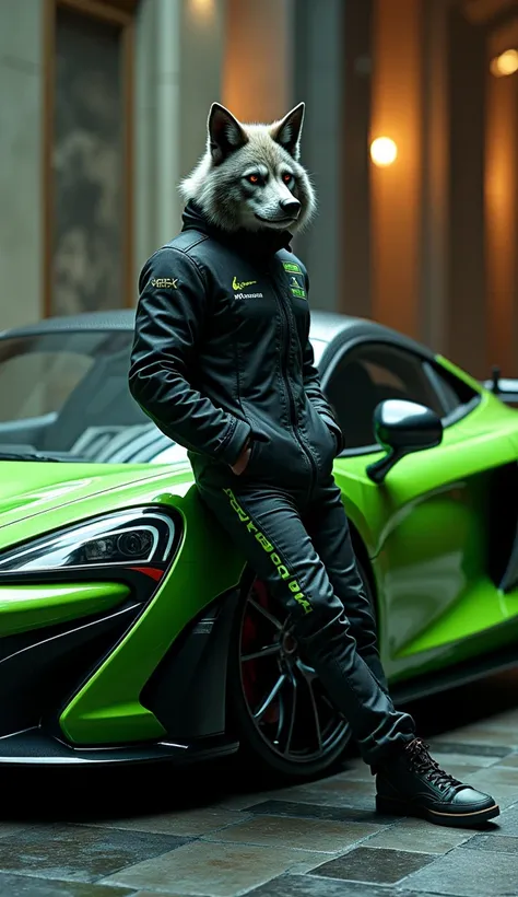 original wallpaper, Werewolf in racing jacket leaning against a green McLaren car, the deluxe lava tiled floor, HD quality