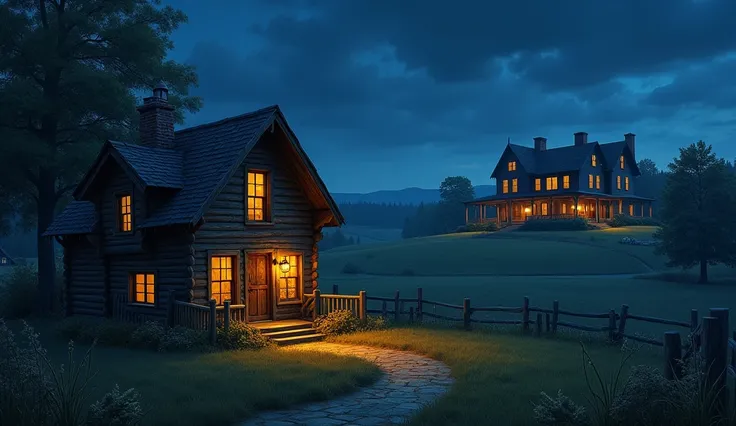 a cabin next to a large house on a farm lit up at night. drawing format