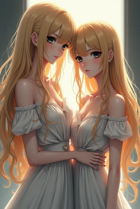 Make a 2 girl , long blonde hair, black eyes, 1,75 tall, Anime form