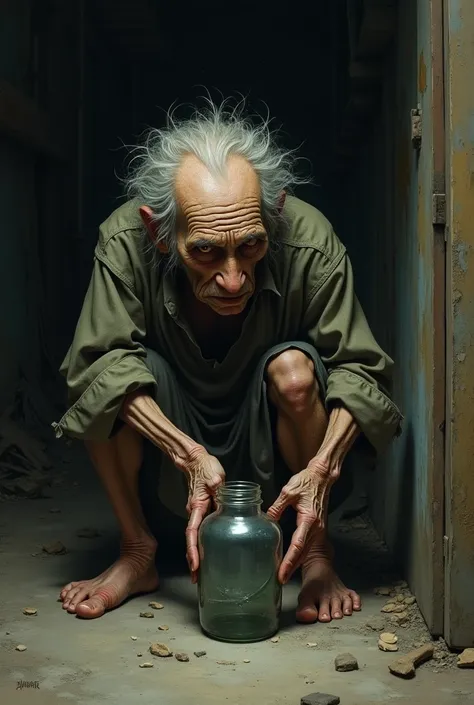 A skinny old adult peeing in a jar 