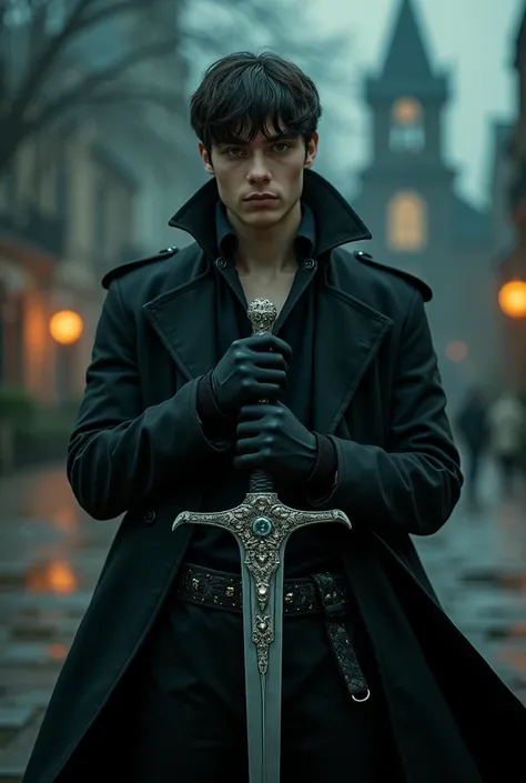 Young man with jade green eyes and short, straight hair. He wears a black trench coat that flows dramatically in the wind, with artfully torn sleeves revealing his arms. His attire is that of a classic vampire hunter. The scene is set at night, featuring a...