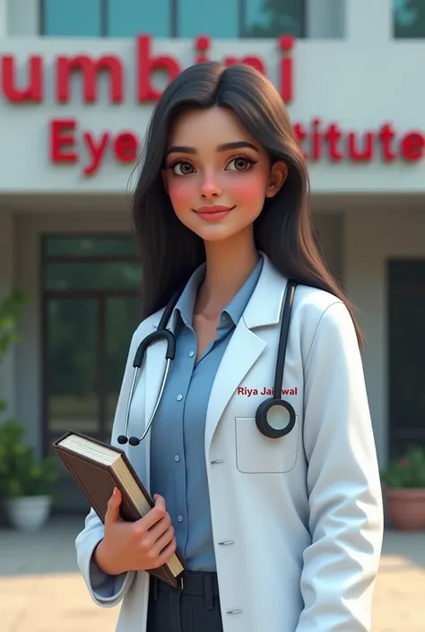 beautiful girl with wearing whitish blue clour shirt and wearing white coat of doctor  with  name riya jaiswal  in red colur bold all latter on captal latter and with bluish paint holding diary with black shoes beautiful having jawline and with smiling sta...