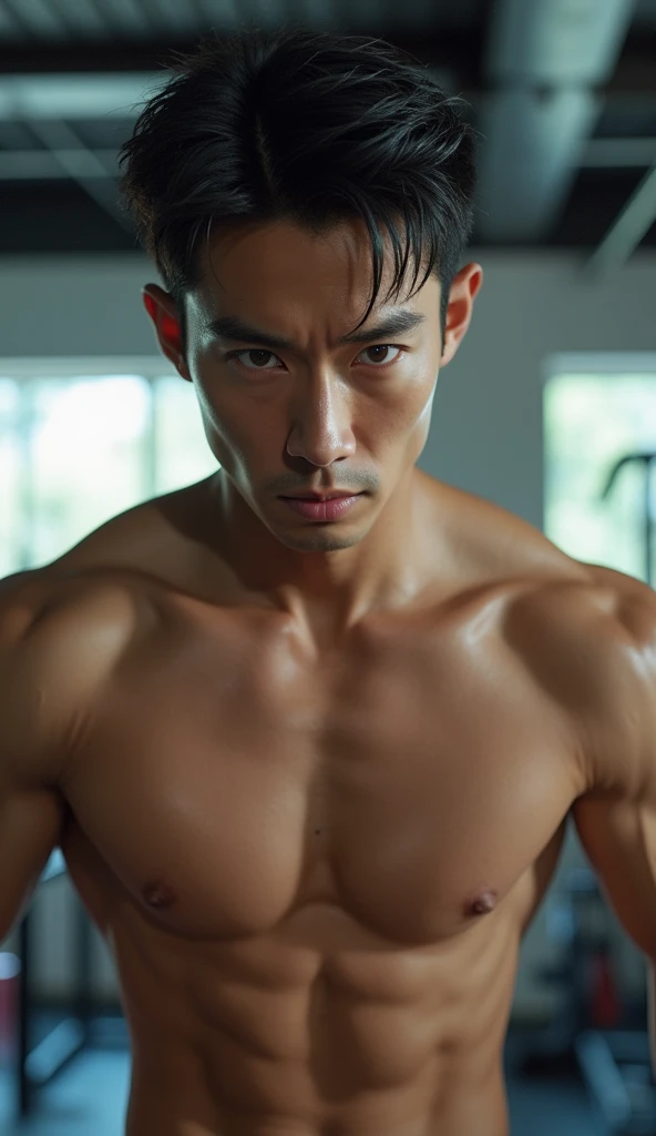 Japanese,23-29, Handsome,  fair skin, black eyes（thin eyes 1：3), (Super detailed, best quality, 4K, 8k, High resolution, masterpiece:1.3) he is now in the gym room, work out by now