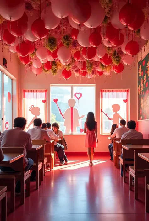 Decoration in a fast food business with a student day theme, day of love, Friendship Day and the beginning of spring, You can implement images of the characters from the movie UP in the decoration 