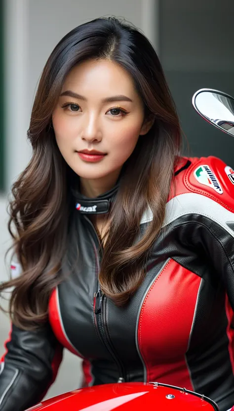 close up shot of beautiful korean female, 36 inch breasts size, long hair, wearing motorbike racing suit, sitting on Ducati Panigale V4 SP2, UHD