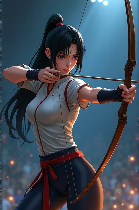 Archer with recurve arch, anime style in a competition dark background