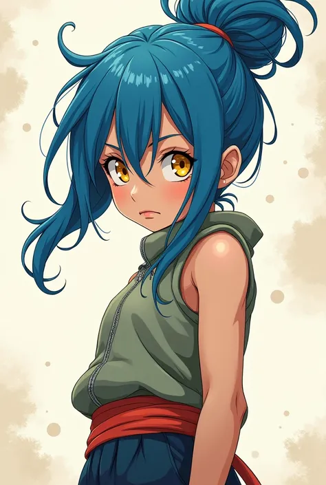 Create an illustration of a blue haired female Naruto character with a messy bun, round face teenager with strong personality, with big round yellow eyes, thin with no feminine attributes 