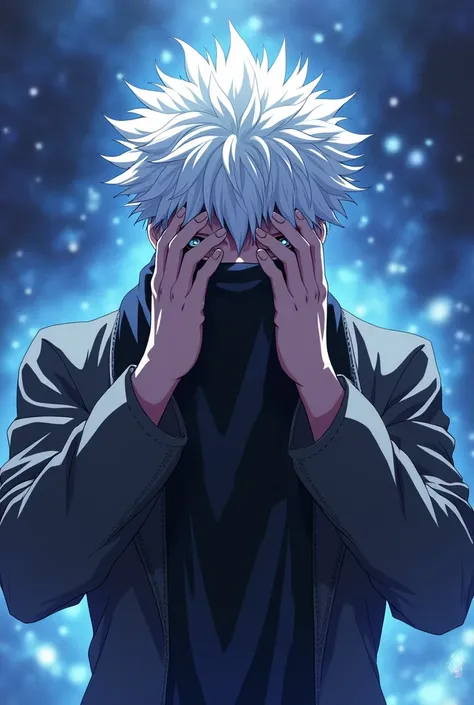 Anime man with white hair,cover eyes with black handkerchief,have the power to annihilate the whole universe,who seemed to be gojo from jujutsu kaisen
