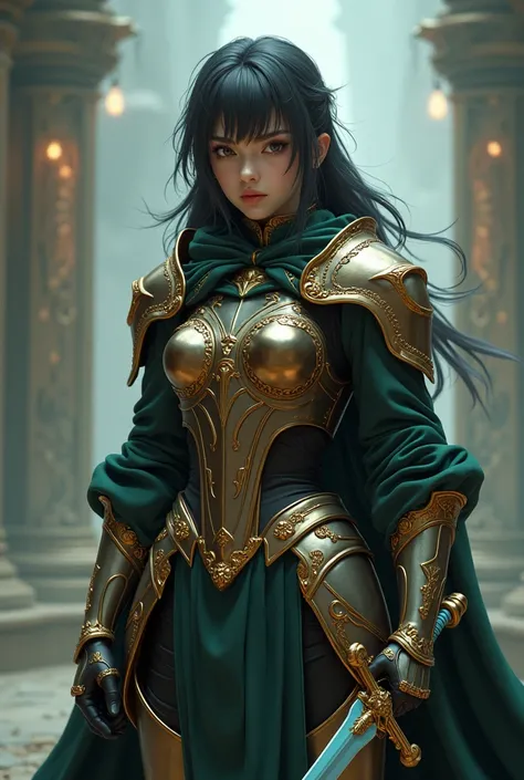 3D style, Dark fantasy art
The artwork of the image is 3D realistic

A young woman in intricately designed armor stands confidently, featuring metallic gold accents and a dark green cloak. She has long black hair and striking features, including large, exp...