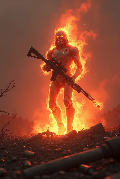 Create a scene in the Underworld recreated in the pure Sniper game in the center a burning robotic sniper ghost floating over shells and rifle in hand marvel style