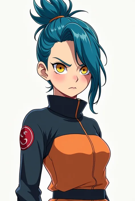 Create an illustration of a blue haired female Naruto character with a messy bun, round face teenager with strong personality, with big round yellow eyes, thin with no feminine attributes 