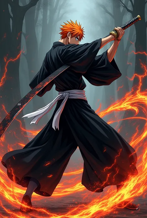 Bleach TCG card game, technique, Power and Speed, Ichigo Kurosaki, Card Absurdres, (best quality), (masterpiece),(ultra-detailed:1.2),dutch angle,
1boy,(wide stance:1.1),holding katana, long katana,slender,
Kurosaki İchigo, short hair,orange hair, spiked_h...