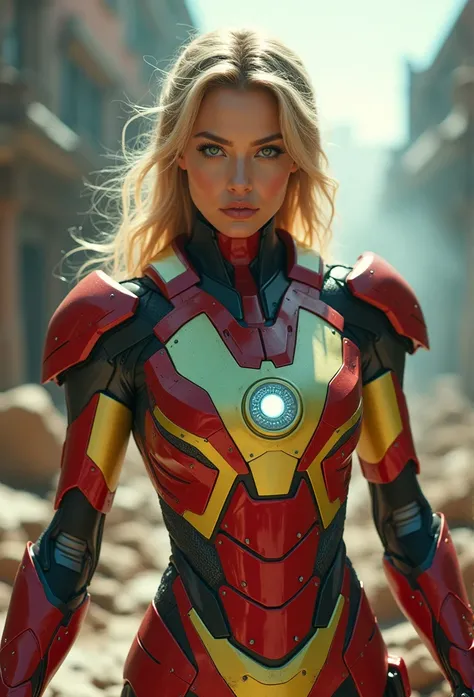 RAW, masterpiece, ultra fine photography,, top quality, ultra high definition, photorealistic, sunlight, full body portrait, stunningly beautiful, combat pose, delicate face, vivid eyes, (front view,full body), she wears a futuristic Iron Man mecha, red an...