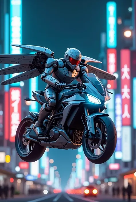 Honda vario 125 in Gundam suit flying in Tokyo with blue and red neon lights