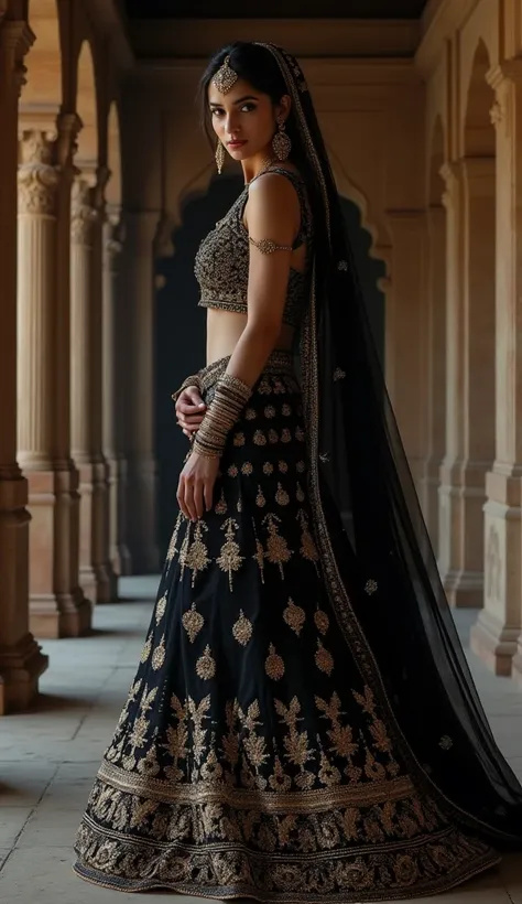 Introduce the character of very beautiful and gorgeous indian rajkumari highly detailed shining white face,eyes and body in beautiful shining black lehenga and explain her mysterious aura in full body inside in indian black fort.