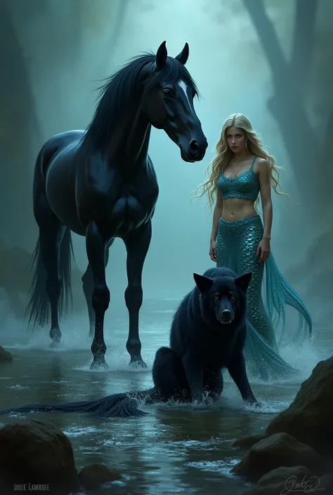 Make me a poster where there is a black horse and a mermaid with her tail and a big scary black dog 
