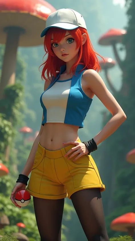 best quality,A high resolution,ultra-detailed,actual),there is a woman in a yellow mini skirt posing for a crop top white y blue,red hair, girl cosplay, misty from pokemon, black pantyhose, cosplay, Ayaka Cosplay, cosplay, Cosplay photo, Sakura Kinomoto, A...