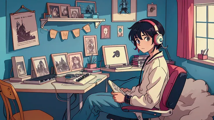 Scene of a young student, with an anime-like appearance from the 80s, sitting on a chair in his room. He uses a retro headset while studying focused, with the soft light of a lamp creating a relaxed and lofi atmosphere. In the background, a shelf with viny...