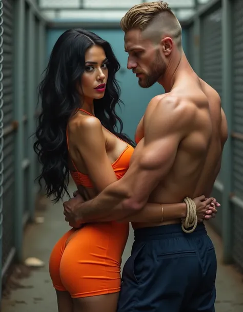 front view of instagram model, long black hair, big lips, big boobs, sexy orange romper, pushing man, front view of (muscular:1.5) fitness model without tattoos, shirtless, 8-pack abs, hands restrained, navy blue pants, police pants, wavy golden undercut h...