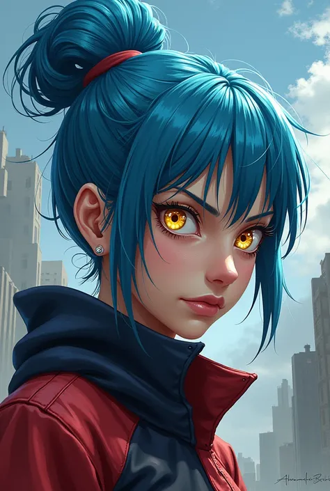 Create an illustration of a blue haired female Naruto character with a messy bun, Mature round face with strong personality, with big round yellow eyes, thin with no feminine attributes 