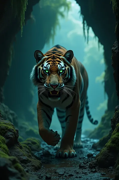 In the depths of the cave, the faint silhouette of an old, ferocious tiger appears. His eyes glow menacingly in the dark, and his emaciated yet powerful frame creates an ominous sense of danger. The cave’s walls are damp and covered with eerie, glowing mos...