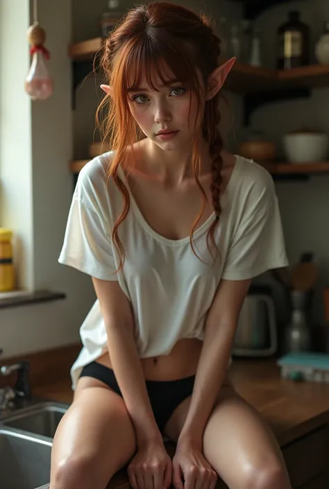 Create a young elven woman, with dark auburn hair, messy braided updo with bangs, wearing a white t-shirt and black panties, sitting on the kitchen sink, with her legs wide open