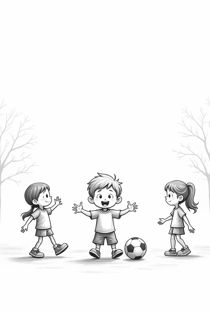 Draw a boy choosing several children to play soccer in a simple pencil cartoon style