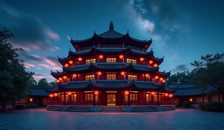 night,**Traditional Chinese Tulou and magnificent sky** This fascinating image shows a traditional Chinese earth building, Ancient earthen building. The structure is circular，(((5 floors high))), Decorated with red lanterns and intricately designed wooden ...