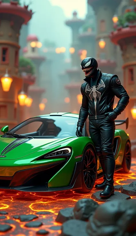 original wallpaper, Venom in racing jacket leaning against a green McLaren car, view of the complete car, the floor full of lava and the stage in a Mario bros world, HD quality