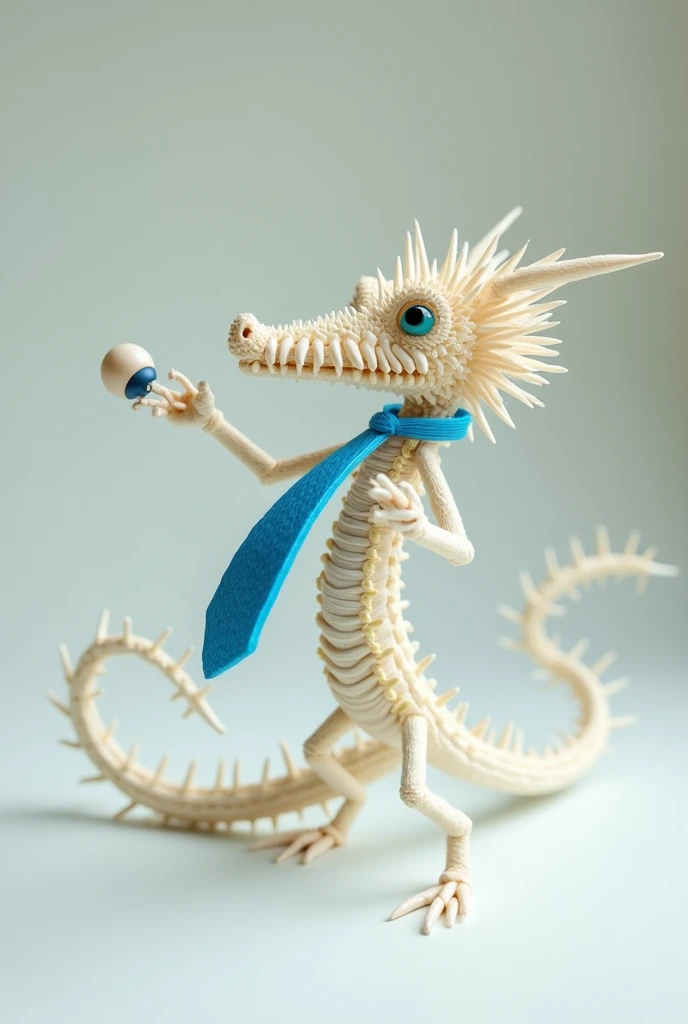 White toothpick dragon with blue tie playing a maraca 
