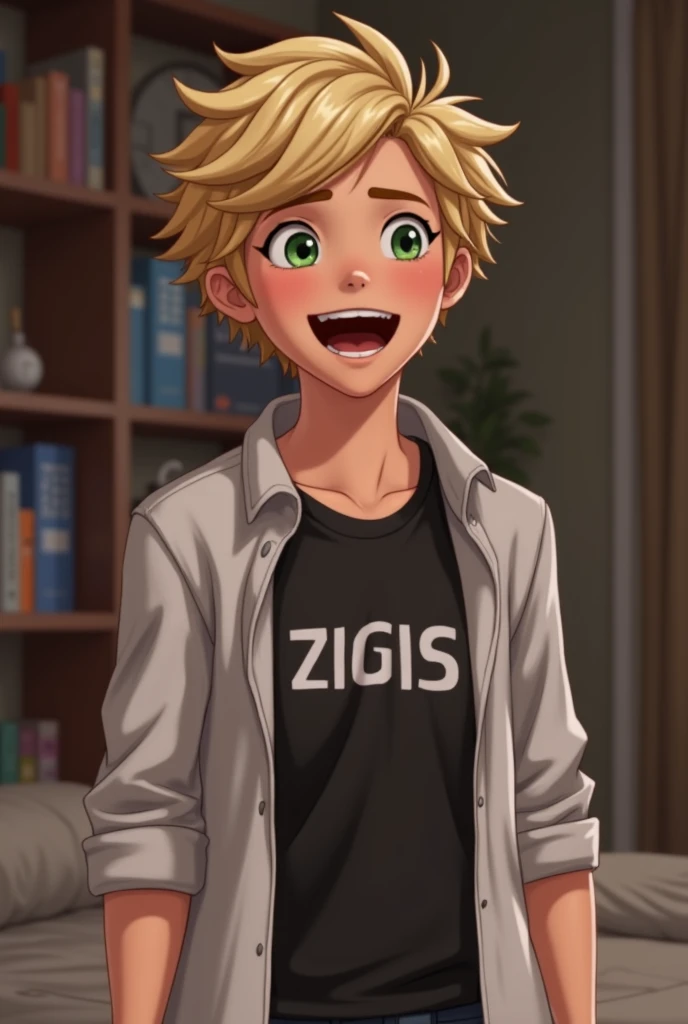 Boy Adrien agreste as happy and stomach growling for hungry her bedroom