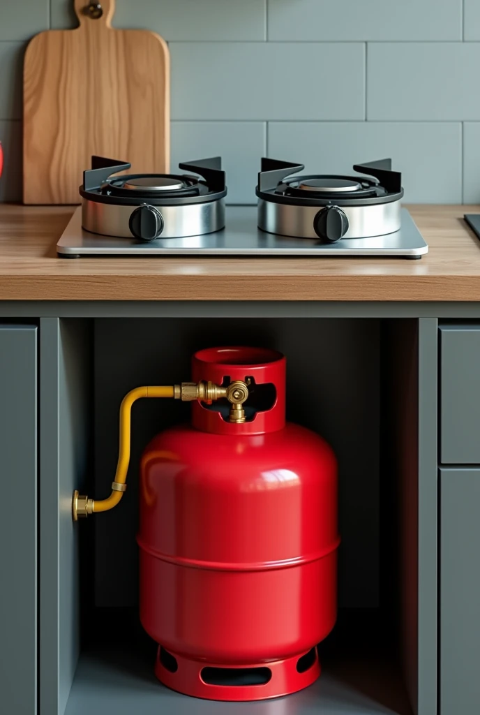 "A kitchen setup with a two-burner gas stove placed on a counter. Below the counter, an LPG cylinder is connected to the stove through a yellow gas pipe. The colour and the size of the LPG CYLINDER is respectively Red and 2 feet