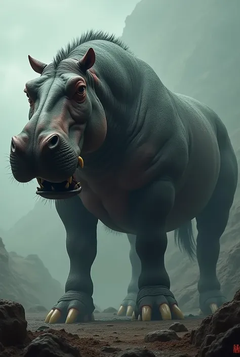 A mix of big size hippo and dangerous horse big body and very dangerous and aggressive face 
