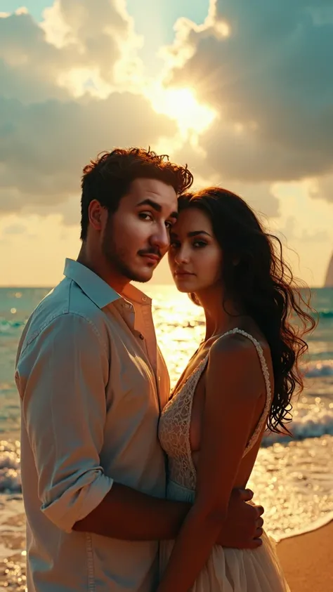 A couple on the beach, looking at the camera, sunrays, ocean waves, blue sky, the woman has dark skin, black eyes, dark brown hair, detailed skin, detailed face, detailed eyes, detailed lips, detailed hair, photorealistic, natural lighting, dramatic lighti...